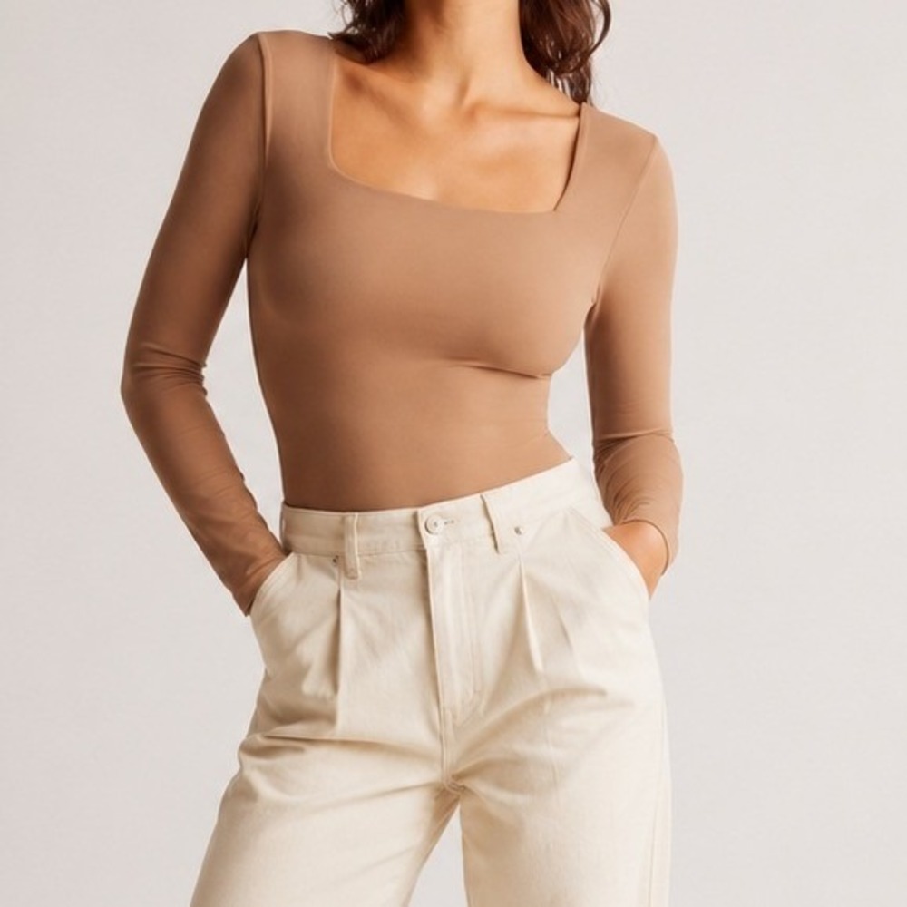 Quince Bodysuit Second Skin Square Neck Long Sleeve Luxe Stretch Mocha Small NWT